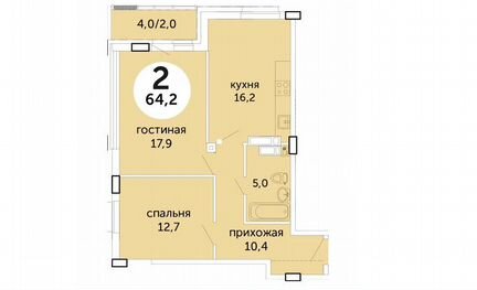 2-к квартира, 64 м², 23/25 эт.