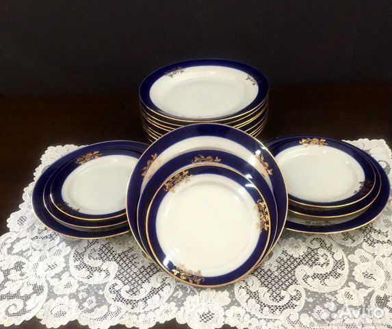 Тарелки Дулево, фарфор, кобальт, золото, 24 см