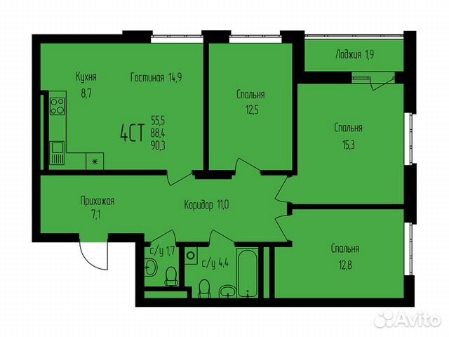 4-к квартира, 90.3 м², 7/24 эт.