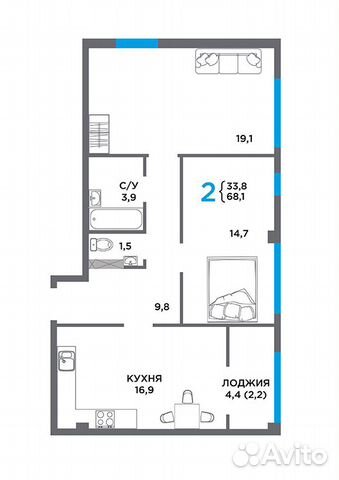 2-к квартира, 68.1 м², 2/10 эт.