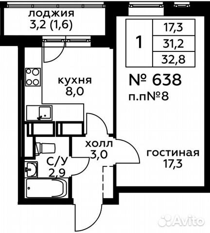 1-к квартира, 32.8 м², 19/20 эт.