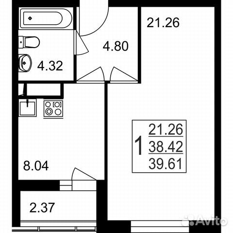 1-к квартира, 39.6 м², 8/8 эт.