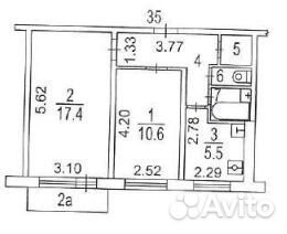 2-к квартира, 44.4 м², 2/5 эт.