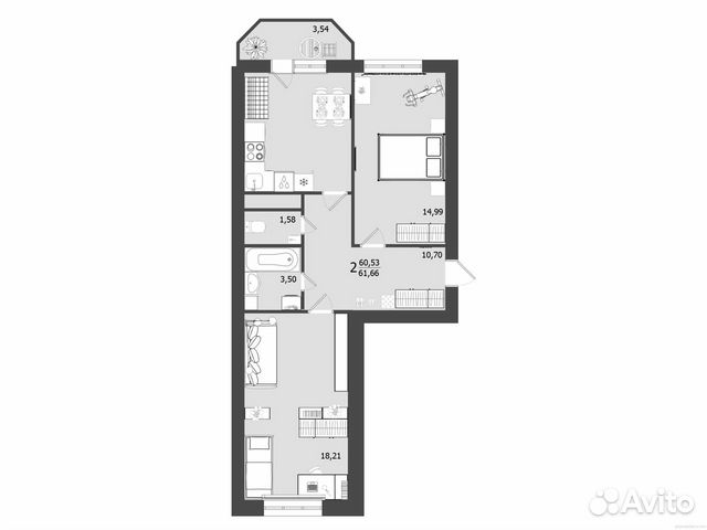 2-к квартира, 61.7 м², 4/9 эт. 2-к квартира, 61.7 м², 4/9 эт.