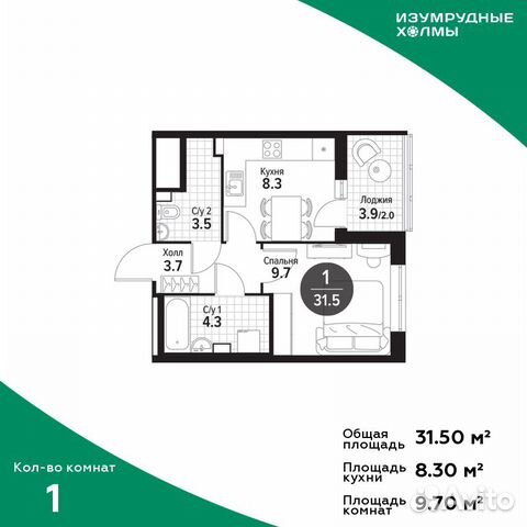 1-к квартира, 31.5 м², 2/25 эт. 1-к квартира, 31.5 м², 2/25 эт.