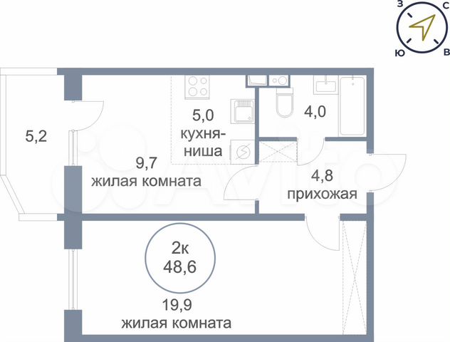 2-к. квартира, 48,6 м², 2/4 эт.