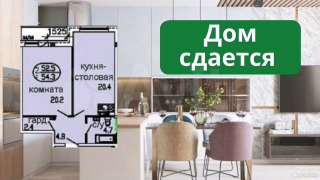 1-к. квартира, 54,3 м², 2/5 эт.