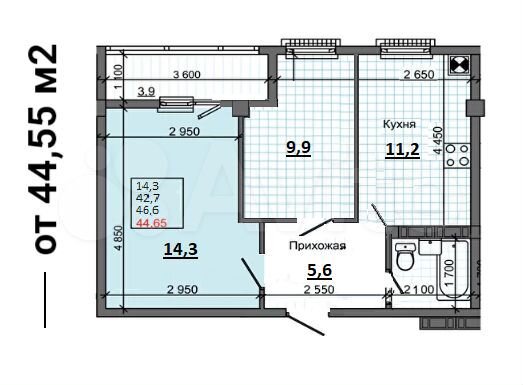 2-к. квартира, 46,6 м², 2/9 эт.