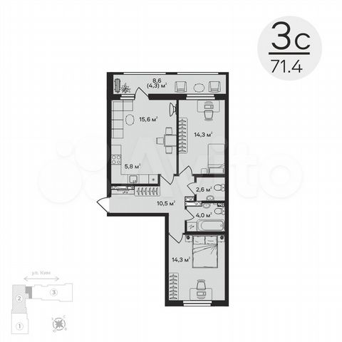 3-к. квартира, 71,4 м², 2/12 эт.