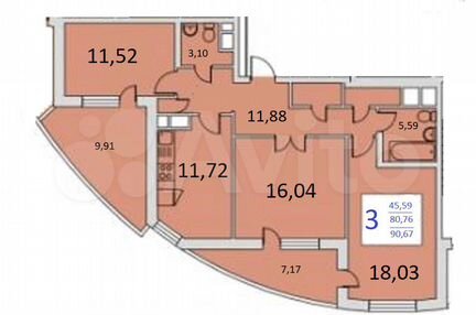 3-к квартира, 90.7 м², 23/36 эт.
