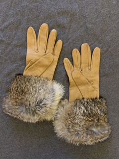 Перчатки кожаные коричневые с мехом кролика новые