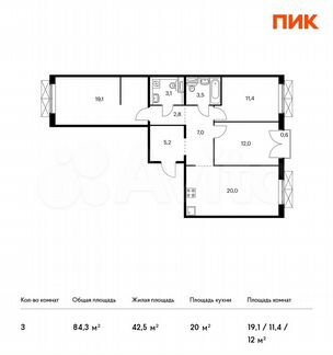 3-к квартира, 84.3 м², 2/9 эт.