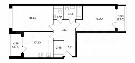 2-к квартира, 71.2 м², 4/16 эт.