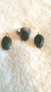 Комплект кольцо+серьги малахит серебро